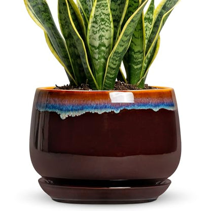 9 Inch Flower Pots - Ceramic Planter with Drainage Hole and Saucer, Decorative Ceramic Pots for Indoor Plants, Round Plant Pot, Garden Home Living Room Decor, Housewarming Gifts, Brown-Blue - size: 9 Inch, style: Brown-blue
