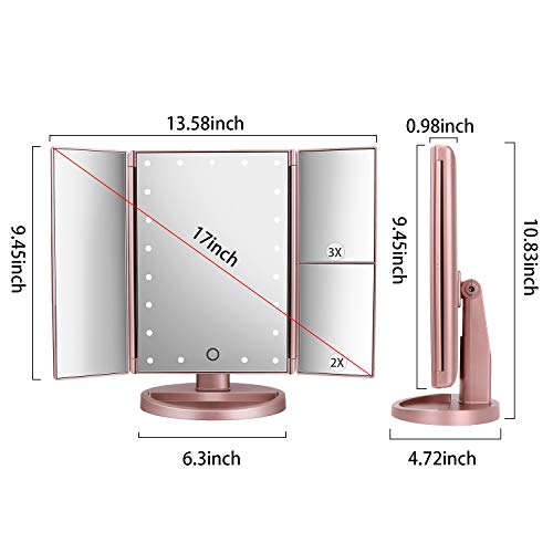 deweisn Dresser Mount Tri-Fold Lighted Vanity Mirror with 21 LED Lights, Touch Screen and 3X/2X/1X Magnification, Two Power Supply Modes Make Up Mirror,Travel Mirror - color: Rose Gold
