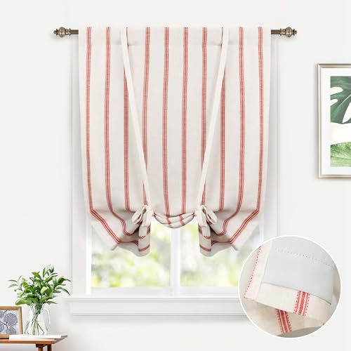 DriftAway Farmhouse Double Layer Linen Blackout Tie Up Curtains Thermal Insulated Vertical Striped Fully Lined Balloon Roman Shade Bathroom Window Adjustable Rod Pocket 31 Inch by 47 Inch Red - color: Red, size: 31"W x 47"L (Pack of 1)