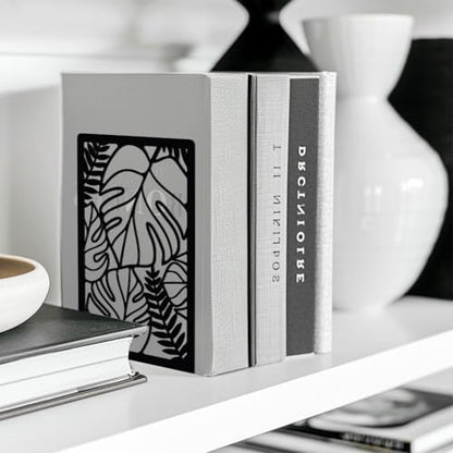 Peacoblue 5.3"x4.3"x7.9" Metal Bookends, Heavy Duty Book Ends for Shelves - color: Tropical Monstera Deliciosa Leaves