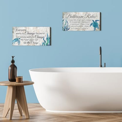 Jetec 2 Pcs Turtle Bathroom Wall Decor Wooden Sign 12 x 6 Inch Sea Turtle - style: Sea Turtles Style
