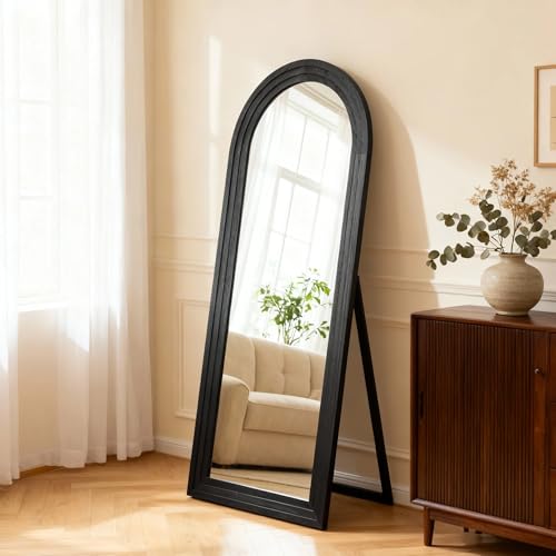 Floor Length Mirror with Stand Wood Floor Mirror,Arched Solid Wood Frame for Wall Door Bedroom Bathroom Living Room,Hanging or Leaning Wall-Mounted,Black