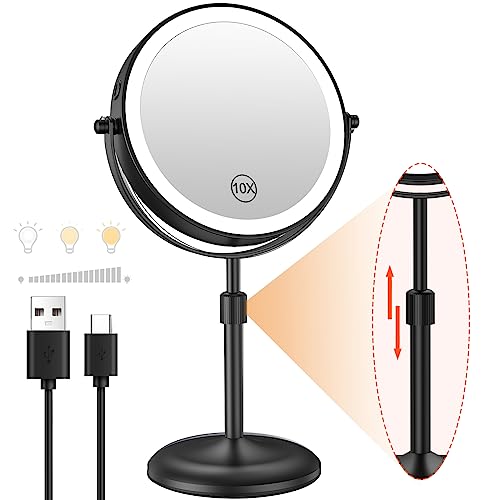 7" Lighted Makeup Mirror with Magnification 10X, Height Adjustable,3 Lights - color: Black