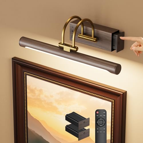 Picture Light, 12.6″ Wireless Battery Operated Rechargeable LED Wall Light with Remote, Dimmable Art Light with Timer, Adjustable Design, Wood Grain and Gold Finish for Frames and Bedroom Decor - color: Battery Operated-Wood Grain, size: 12.6 Inch