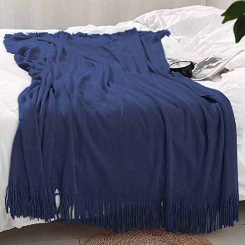 Homiest Navy Blue Knitted Throw Blanket with Fringe, 50x60 Inch - color: Navy Blue, size: 50" x 60"