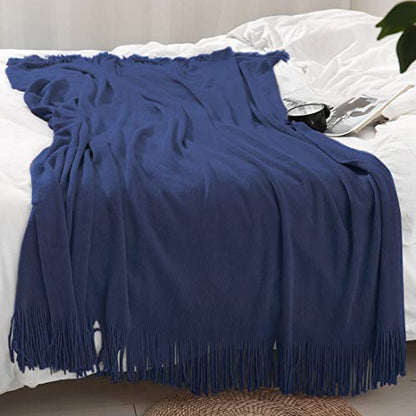 Homiest Navy Blue Knitted Throw Blanket with Fringe, 50x60 Inch - color: Navy Blue, size: 50" x 60"