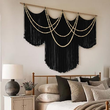 Macrame Wall Hanging Black Yarn Tapestry Boho Fiber Art Decor 57"W*43"L - color: Black1