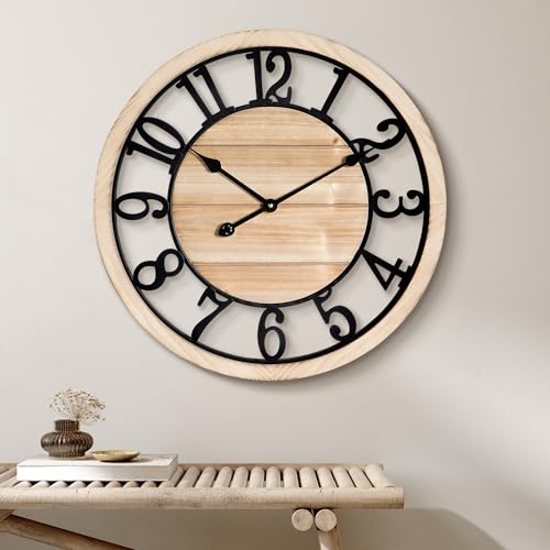Maxstar 24'' Wall Clock for Living Room Decor, Ultra-Silent Rustic Wooden Farmhouse Wall Clock with Metal & Real Wood Frame, Battery Operated, for Kitchen Bedroom Office, Arabic Numerals