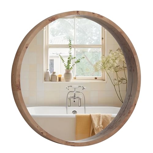WallBeyond 24 Inch Round Wood Mirror, Burlwood Grain Wood Frame Circle Mirror, Versatile Wall Decor for Bathroom Vanity, Living Room, Bedroom and Entryway, Natural - color: Natural 1, size: 24"L x 24"W