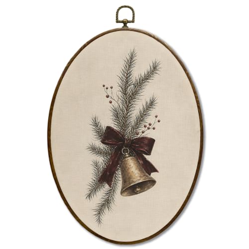 JQF Vintage Winter Christmas Bow Bell Oval Wall Decor Framed 8.5x11.5 Inch - color: bell-1