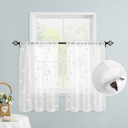 HOMEIDEAS White Kitchen Sheer Tier Curtains Leaf Embroidered, 30x36 - color: 4-white, size: 30"W x 36"L (Pack of 2)