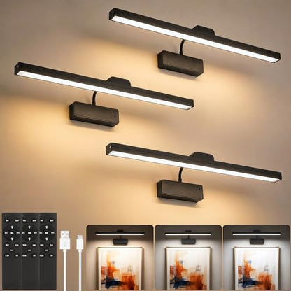 3 Pack Picture Light for Wall, 15'' Wireless Rechargeable 5000mAh Art Light with Remote, Dimmable Magnetic LED Painting Light, Battery Operated Wall Light for Display Gallery, Hallway, Living Room