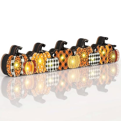 Yousoontic Fall Pumpkin Decor, LED Lighted Fall Table Centerpieces, Retro Plaid Leopard Wooden Pumpkin Sign Decorations 3D Block Farmhouse Decor for Autumn Harvest Thanksgiving Home Mantel Party - style: Plaid Pumpkin
