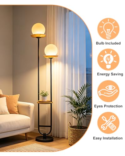 Lightdot 2-Globe Floor Lamp Dimmable with Amber Glass Tray Black Floor Lamp - color: Amber-2U Black