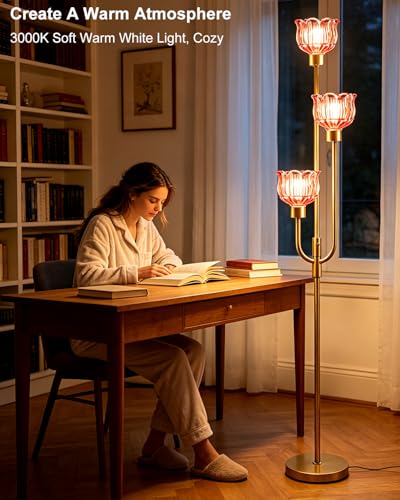 3-Light Glass Floor Lamp 66IN Modern Red Glass Gold Dimmable Floor Lamps - color: Deep Red Tulip-Gold
