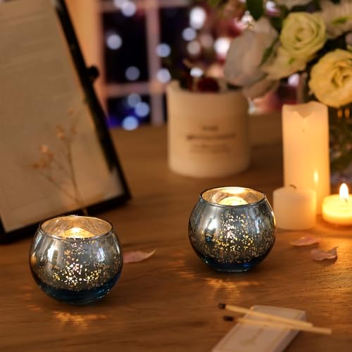 Volens Round Blue Votive Candle Holder Set of 12, Mercury Glass Votives - color: Blue, size: 12 PACK