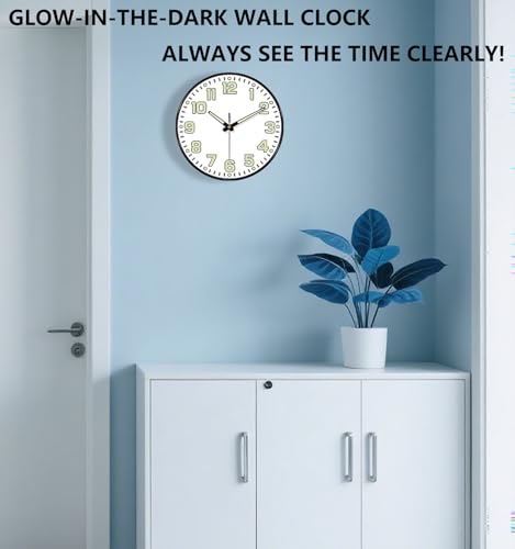 Glow in the Dark Wall Clock Non Ticking, 10 inch Silent Wall Clocks Battery Operated, Large Number Tempered Glass, Round Night Light Analog Clock for Bedroom Living Room Kitchen Office, White - color: White Green, size: 10 Inch