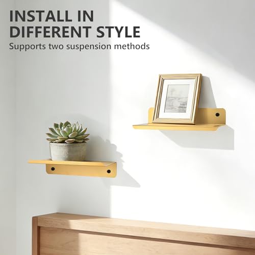 SMILECAT 7inch Small Floating Book Shelves for Wall Storage Set of 2.Wall Mounted Command Shelf for Bathroom,Bedroom,Living Room, Mini Tiny Display Hanging Shelves for Storage/Perfume/Room Decor.Gold