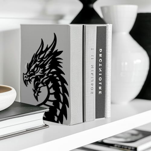 Peacoblue 5.3"x4.3"x7.9" Metal Bookends, Heavy Duty Book Ends for Shelves - style: Dragon Head