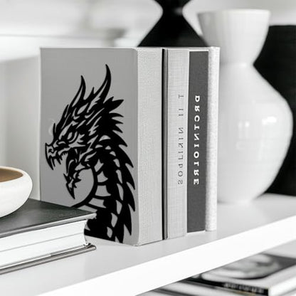 Peacoblue 5.3"x4.3"x7.9" Metal Bookends, Heavy Duty Book Ends for Shelves - style: Dragon Head