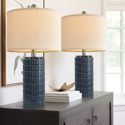 PoKat 23" Blue Table Lamps, Farmhouse Bedside Lamps for Bedroom Set of 2, Ceramic End Table Lamps for Living Room, Traditional Nightstand Desk Lamps, Medium - color: Dark Blue