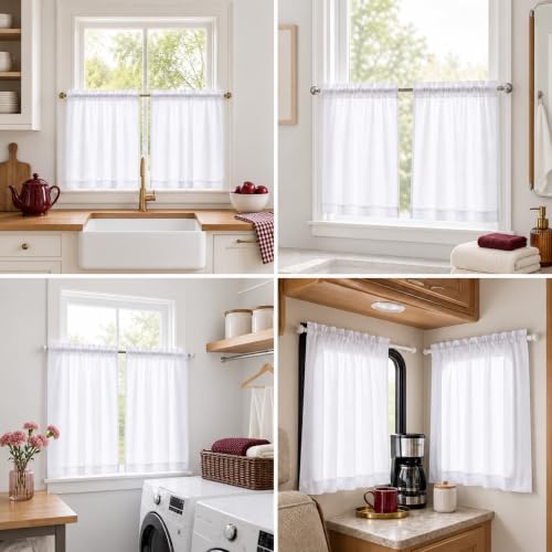 Chyhomenyc 2 Panels White Kitchen Curtains 36 Inch Length Tier Curtain - color: White, size: 30"W x 36"L (Pack of 2)