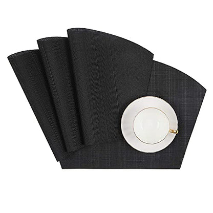 SHACOS Small Round Table Placemats Wedge Placemat Set of 4 Non Slip Heat Resistant Woven Vinyl Table Mats Wipe Clean Indoor Outdoor (4, Black) - color: Black