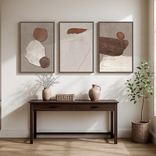 Large Framed Beige and Brown Neutral Abstract Wall Art, Set of 3, 20x30 In - color: Earthy, size: 20" W x 30" H x 3pcs