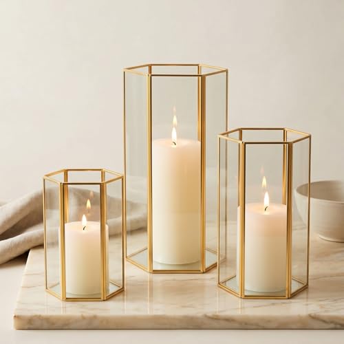 Gold Glass Hurricane Candle Holder Set of 3 Large Clear Hexagon Lanterns