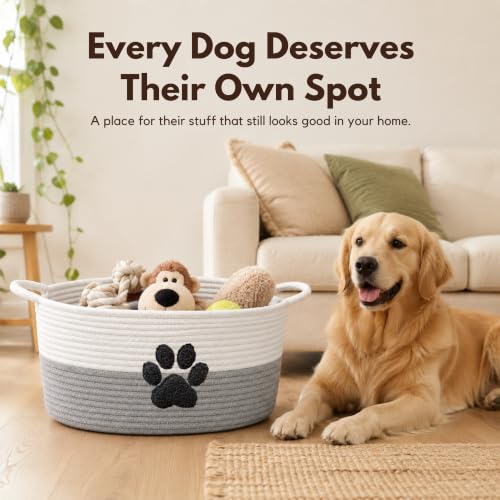 Dog Toy Basket with Handles, Grey Cotton Rope Storage Bin Organizer - color: Grey/White