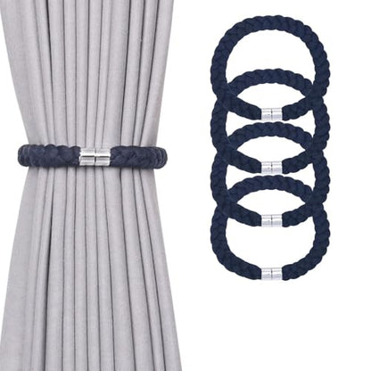 NICEEC 4 Pack Natural Cotton Rope Magnetic Curtain Tiebacks Elegant Twisted Braid Style Drape Tie Backs Soft Hand-Woven Rope Curtain Holdbacks for Home & Office Window Draperies (Dark Blue-01) - color: Dark Blue-01, size: 4 Pack