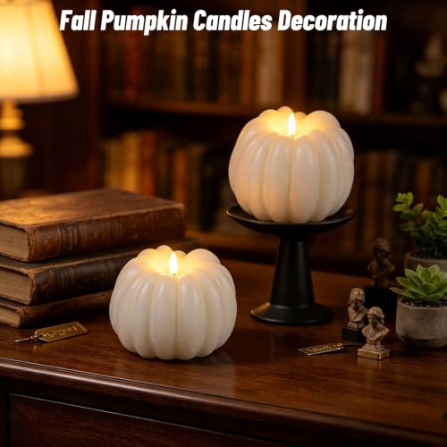 Wondise Fall Decorations Real Wax Pumpkin Candles with Remote Timer - color: 2-White
