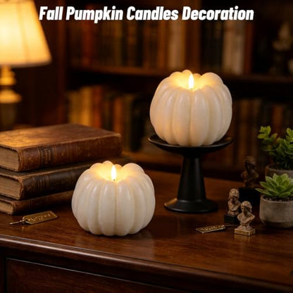 Wondise Fall Decorations Real Wax Pumpkin Candles with Remote Timer - color: 2-White