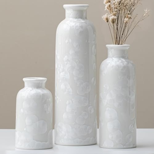 Modern Ceramic Vase Set of 3, White Crystalline Glaze Colors, Decorative Bottles for Home, Farmhouse Rustic Decor Housewarming Gifts, Wedding Gifts, Birthday Gifts for Women(Crystalline Glaze White) - color: Crystalline Glaze White