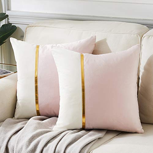 Fancy Homi 2 Packs Decorative Throw Pillow Covers 20x20 Inch for Living Room Couch Bedroom, Blush Pink and White Velvet Patchwork with Gold Leather, Luxury Modern Home Decor Cute Cushion Case 50x50 cm - color: Pink, size: 20" x 20" (Pack of 2)