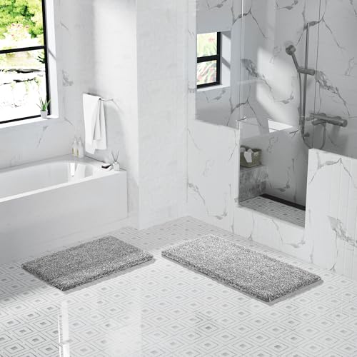Yimobra Long Bathroom Rug 44x24, Plush Non Slip Bath Mat, Light Gray&White - color: Light Gray and White, size: 44" X 24"