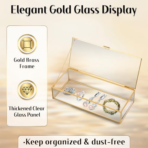 MYFULLY Vintage Gold Glass Jewelry Box with Lid (9 x 3.9 x 2 inch) - size: 9 x 3.9 x 2 inch