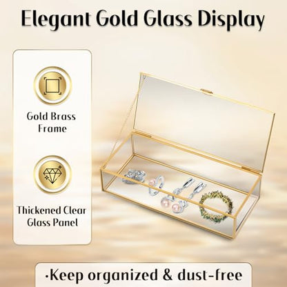 MYFULLY Vintage Gold Glass Jewelry Box with Lid (9 x 3.9 x 2 inch) - size: 9 x 3.9 x 2 inch