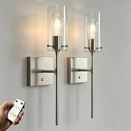 Battery Operated Wall Sconce with Remote Control Set of 2, Dimmable Wall Light Fixture Rechargeable, Nickel Wireless Wall Mount Lamp for Living Room Bedside Hallway Lounge, Bulb Included - color: Nickel