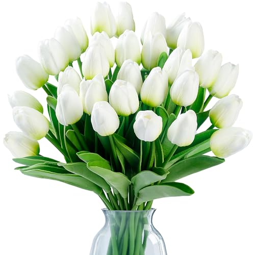 Sggvecsy 30 Pcs Fake Tulips Artificial Flowers Real Touch PU Faux Flowers Tulip Stems for Wedding Spring Bouquet Floral Arrangement Home Party Office Decorations for Mother's Day (Green White) - color: Green White, size: 30 Pcs