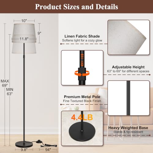 Ascher 2000LM Super Bright Floor Lamp, 18W LED Standing Lamp with 3000K-6000K & 7 RGB Colors, Remote & Foot Control, Dimmable Tall Lamp for Living Room Bedroom Office (Beige Flaxen Shade) - size: 63-69 Inches