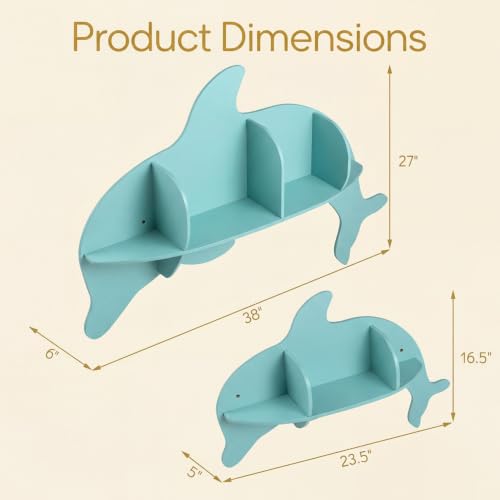 GLACER Floating Shelves for Wall, 2 Pack Kids Corner Bookshelf (Dolphin) - size: 38" x 6" x 27"