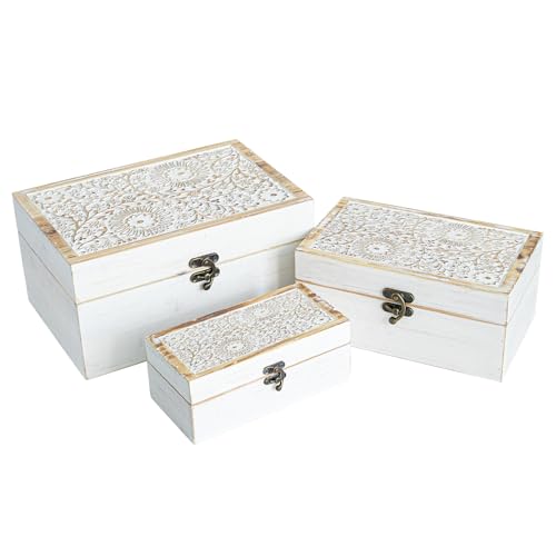 Set of 3 Decorative Wooden Boxes, Rustic Farmhouse Keepsake Box Decorative Boxes with Hinged Lid and Floral Carved Design, Wood Storage Box for Home Decor, White - color: White - 3PCS