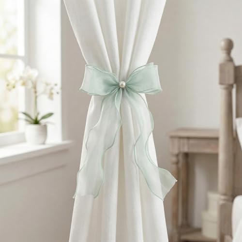White Lace Bow Curtain Tiebacks 6-Pack, Vine Floral Curtain Holdbacks - color: Sage Green