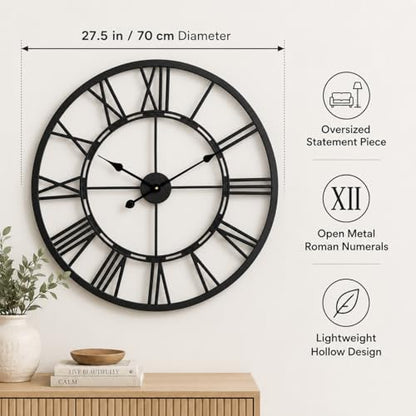 Large Wall Clock 27.5 Inch, Roman Numerals, Battery Operated, Black