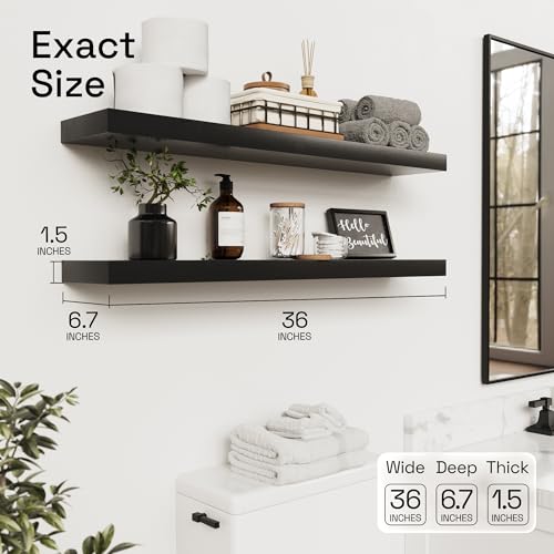 Solid Wood Floating Shelves for Wall 36 Inches Long, Black Wooden Shelf - color: Black, size: 36 Inch