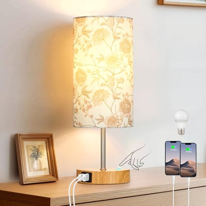 CINSARY Bedside Touch Lamp with Flower Fabric Shade, 3 Way Dimmable Wood Bedroom Lamp for Nightstand with 2 USB Charging Ports, Small Table Lamp for Living Room Reading Desk (LED Bulb Included) - color: Flower2-15" H