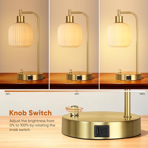 Cream Glass Table Lamps Set of 2, Dimmable Bedside Lamps for Living Room - color: ‎Gold&‎Cream