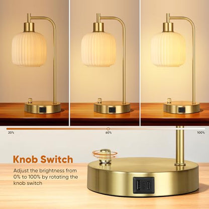 Cream Glass Table Lamps Set of 2, Dimmable Bedside Lamps for Living Room - color: ‎Gold&‎Cream