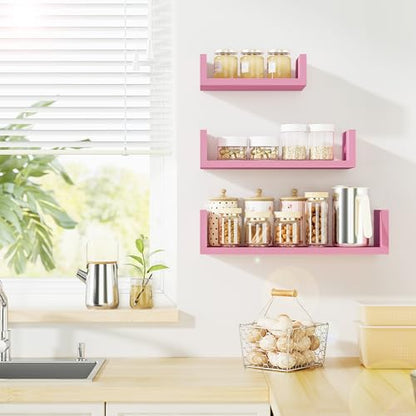 SRIWATANA Pink Floating Shelves, Set of 3 Solid Wood Wall Mounted Shelves - color: Pink